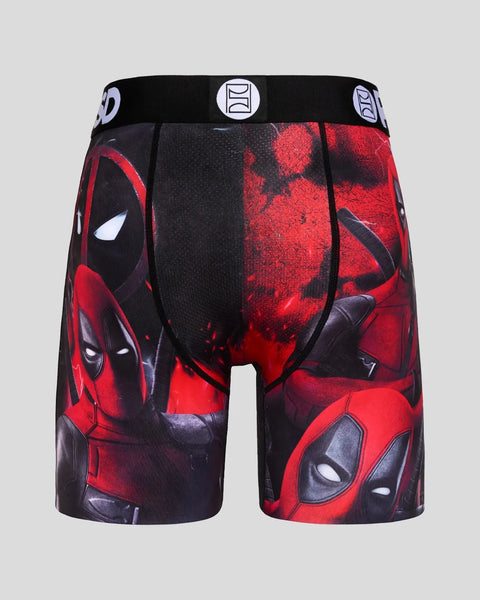 Red and black boxer shorts with Deadpool character mask print throughout and branded waistband.