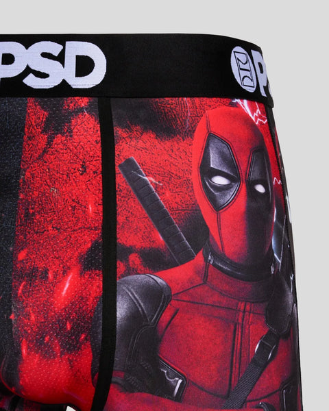 Red and black Deadpool character print underwear with PSD waistband.