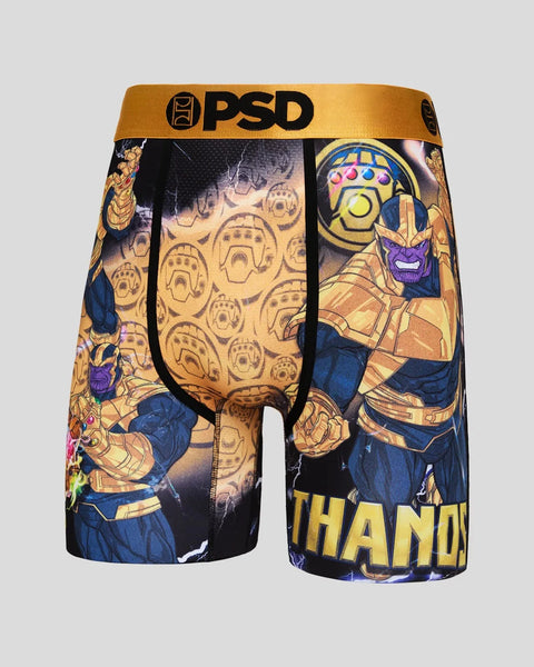 PSD brand boxer shorts featuring Thanos character artwork in blue, gold, and purple with infinity stone gauntlet design.