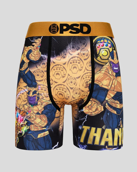 PSD boxer briefs featuring Thanos character artwork with gold waistband and repeating gauntlet pattern throughout.