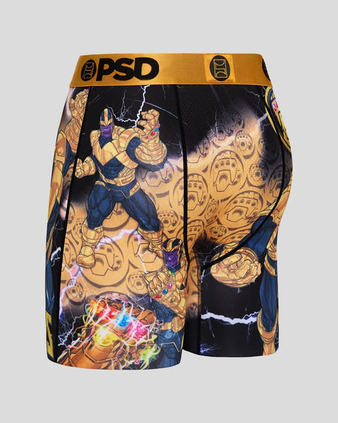PSD Thanos boxer shorts with gold and blue character print, gold waistband, and black side panels.