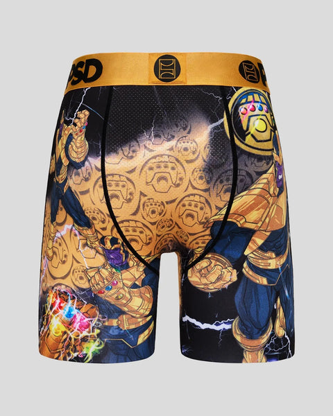 Men's boxer briefs with Thanos character print, gold waistband, and colorful Infinity Stone graphics on black and gold fabric