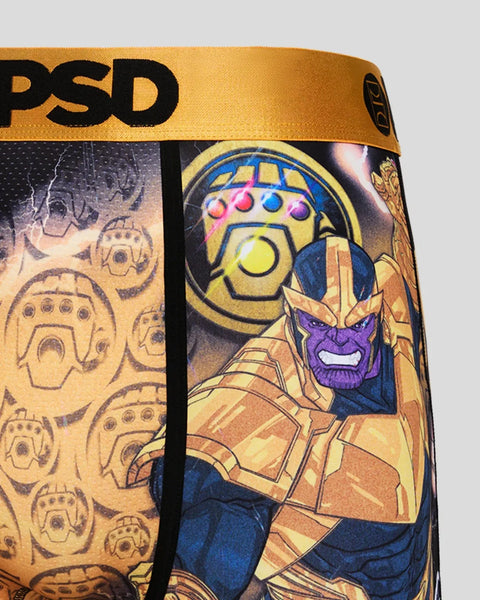 Thanos character with Infinity Gauntlet printed on gold and blue underwear with PSD waistband.