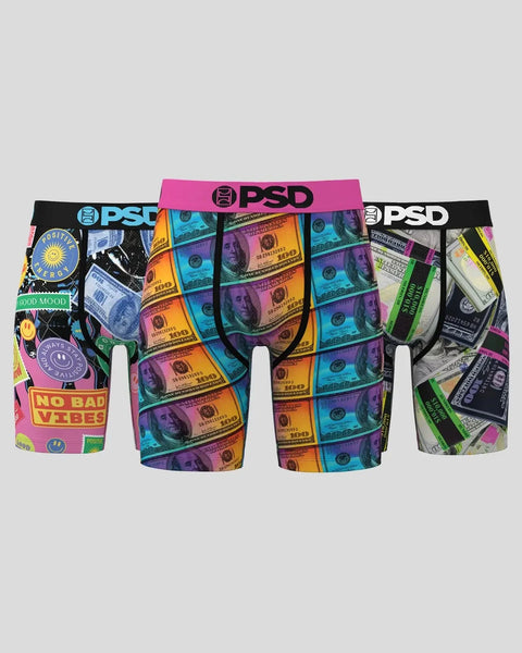Three PSD boxer briefs with colorful neon money bill patterns and branded waistbands in pink, multicolor, and black.