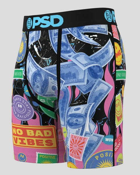 Three-pack PSD boxer briefs with blue dollar bill print, black panels, and colorful patches with text and smiley face graphic