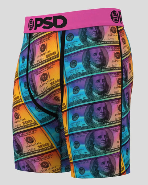 Neon multicolored boxer briefs with $100 bill pattern and PSD waistband.