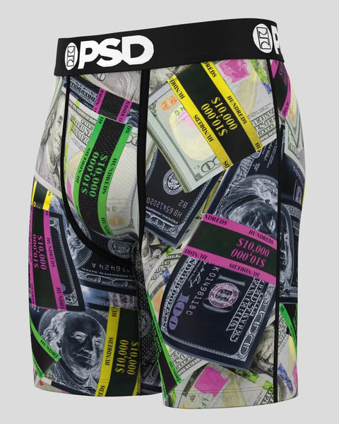 Three-pack of PSD boxer briefs with neon money and currency print design.