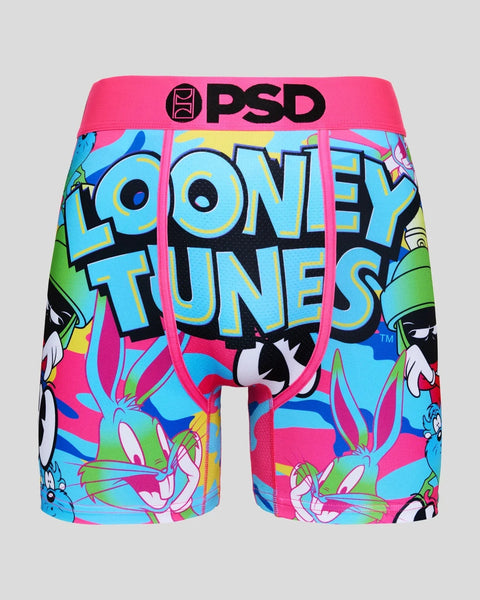 PSD boxer shorts with Looney Tunes characters and "Looney Tunes" text on bright pink, blue, and yellow background.