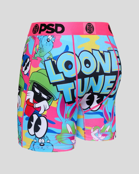 PSD Looney Tunes boxer briefs with colorful character print and pink waistband.