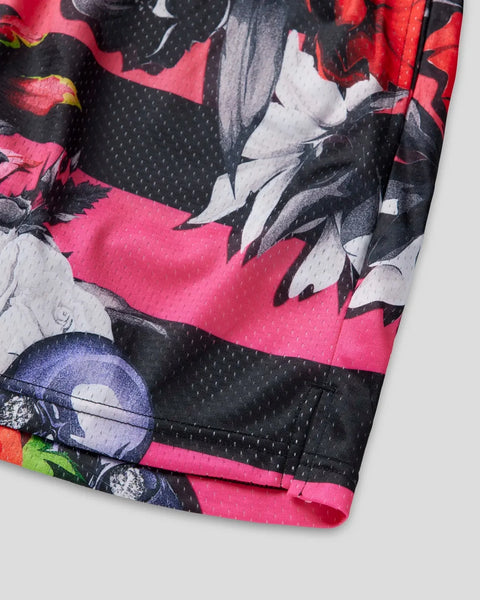 Colorful floral print athletic short with black, pink, white, and blue flowers on textured mesh fabric.