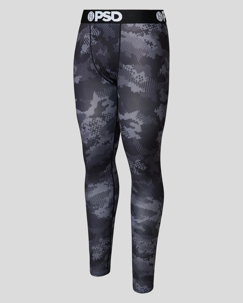 Men's fitted tights with gray and black digital camouflage pattern and black PSD waistband.