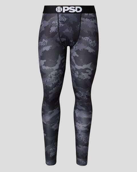Men's tight leggings with digital camouflage pattern in black and gray, PSD brand waistband.