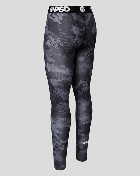 Black and gray digital camouflage tights with PSD waistband and logo details.