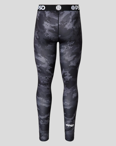 Black and gray digital camouflage tights with PSD brand waistband and logo detail.