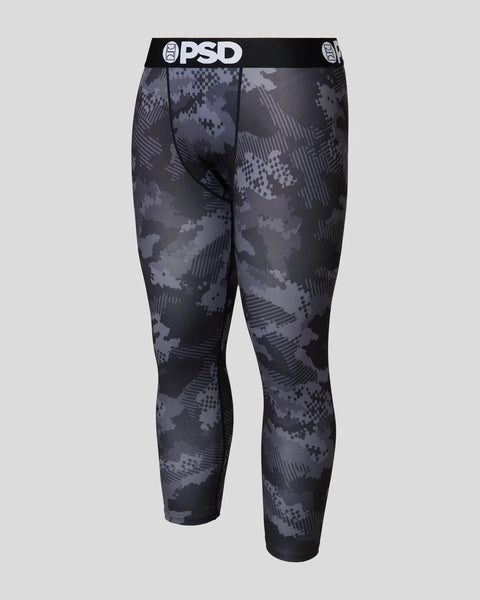 PSD Pro Tight 3/4 capri leggings in dark gray and black digital camouflage pattern with white waistband logo.