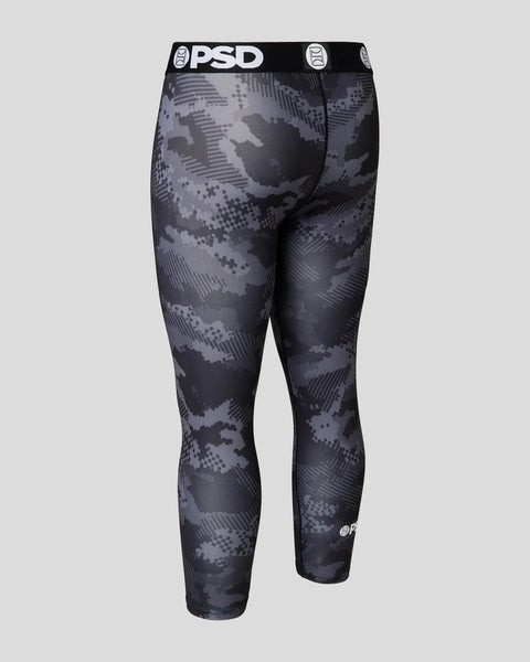 PSD brand 3/4 tight in night camouflage pattern with black waistband.