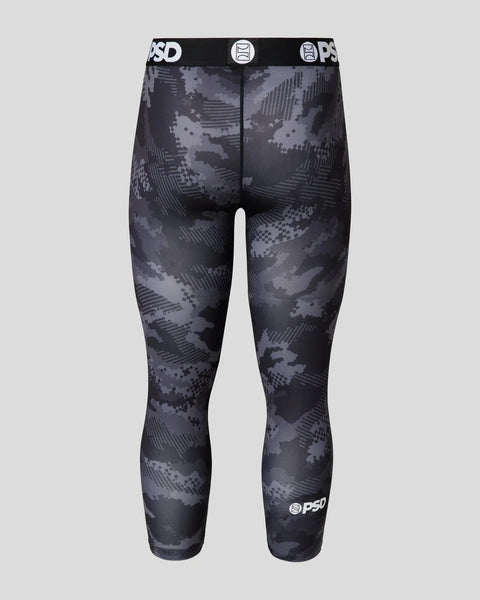 Night camouflage patterned 3/4 length compression tights with black waistband and PSD branding.