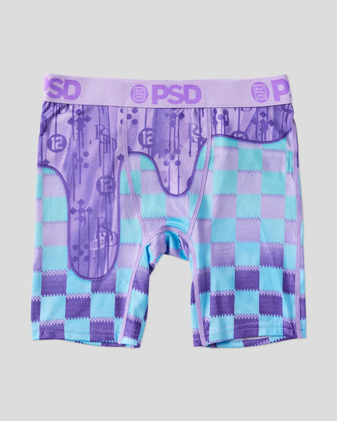 Purple and turquoise checkered boxer briefs with PSD waistband and basketball-themed graphics on legs.