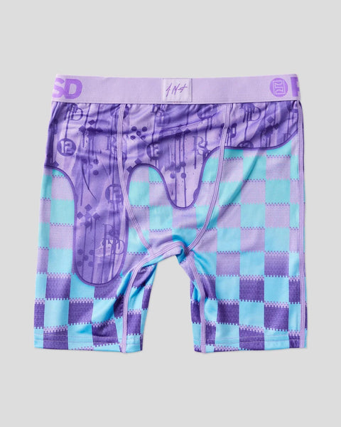 Purple and turquoise checkered boxer briefs with abstract pattern and branded waistband.