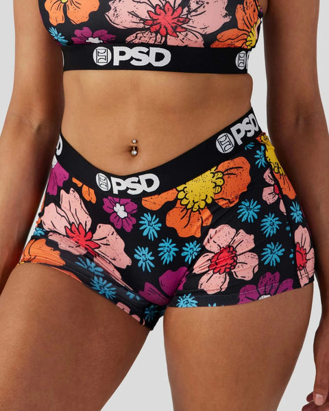 Black briefs with colorful floral print and PSD waistband.