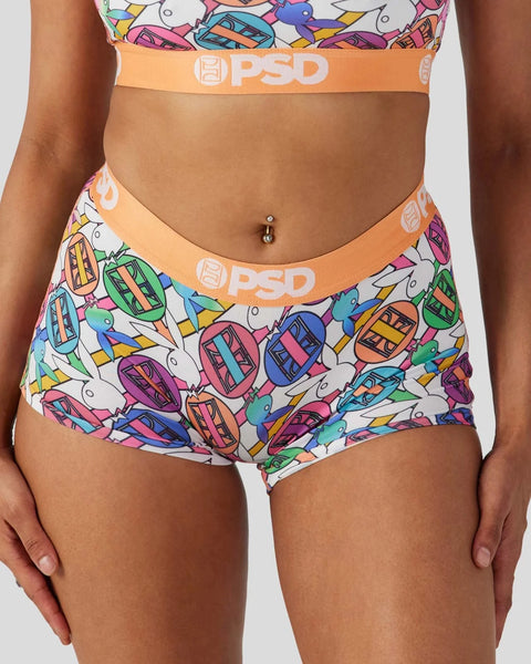 PSD underwear with colorful geometric and windsurfing print, orange waistband.