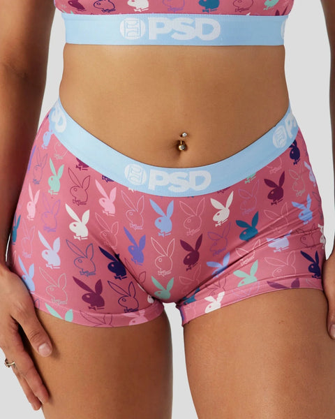 Pink boyshort underwear with multicolored Playboy bunny pattern and light blue waistband.