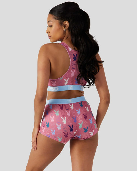 Mauve racerback bra and shorts set with pastel bunny print and light blue elastic bands.