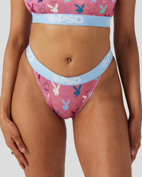 Pink thong with multicolored Playboy bunny logo print and light blue waistband with brand text.