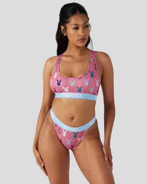 Pink two-piece swimsuit with pastel bunny pattern and light blue trim.