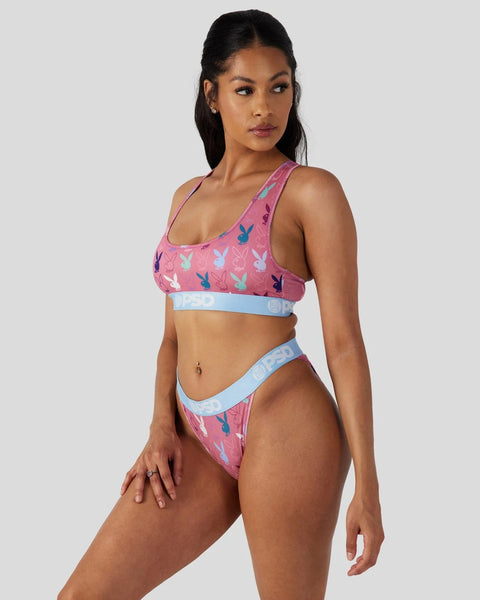 Pink bikini set with pastel bunny print and light blue contrast trim and waistband.