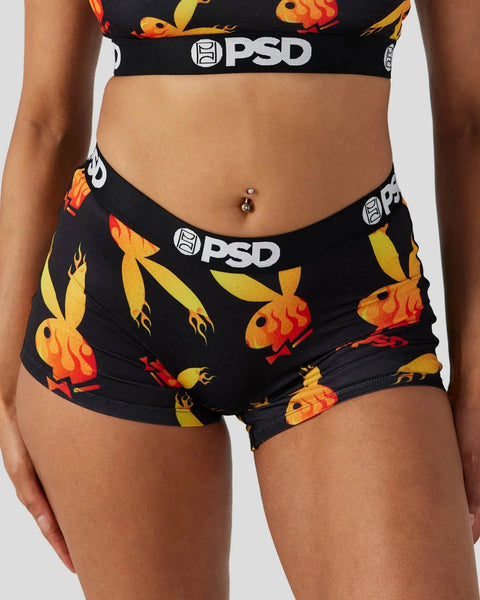 Black shorts with orange and yellow flame pattern and PSD waistband.