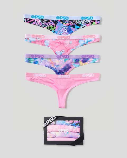 Four PSD thong underwear with butterfly and floral prints in pink, purple, and multicolor patterns with branded waistband.