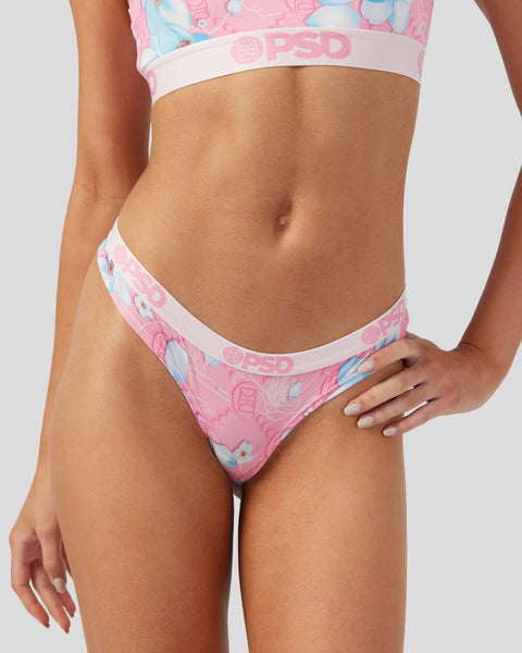 Pink and blue butterfly print sports bra and thong with white PSD branding.