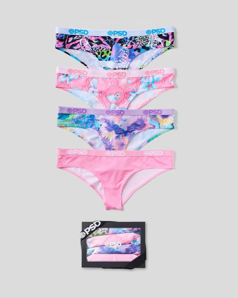 Four PSD branded briefs featuring multicolored butterfly and floral patterns in pink, blue, and purple with coordinating pack