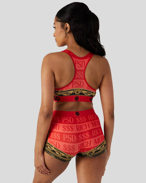 Red sports bra and shorts set with dollar sign and 