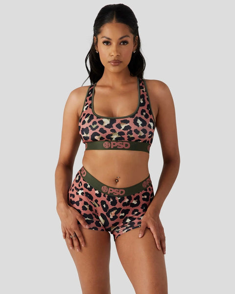 Racerback sports bra and matching boy shorts with coral and black leopard print and olive green waistband.