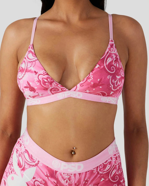 Pink and magenta Playboy bra and briefs set with paisley and bunny logo print, featuring light pink trim and waistband.