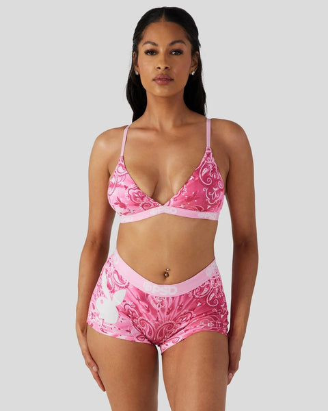 Pink paisley-patterned triangle bra and shorts set with adjustable straps and light pink trim.