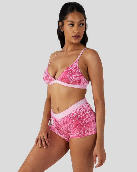 Pink paisley-patterned bra and shorts set with light pink trim and spaghetti straps.