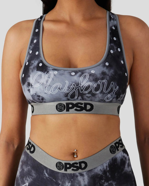 Black tie-dye sports bra with white polka dots, 