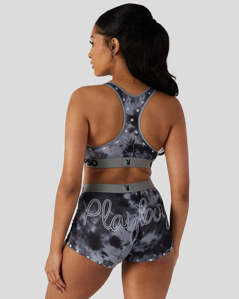 Black and white tie-dye sports bra and shorts set with Playboy logo and rhinestone details.