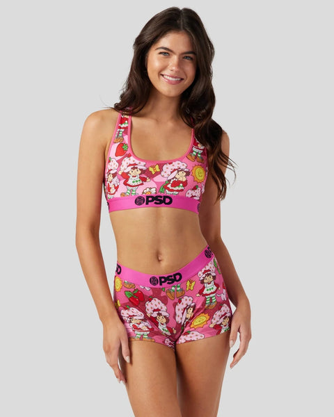 Pink PSD sports bra and shorts set with strawberry shortcake cartoon print and pink elastic waistbands.