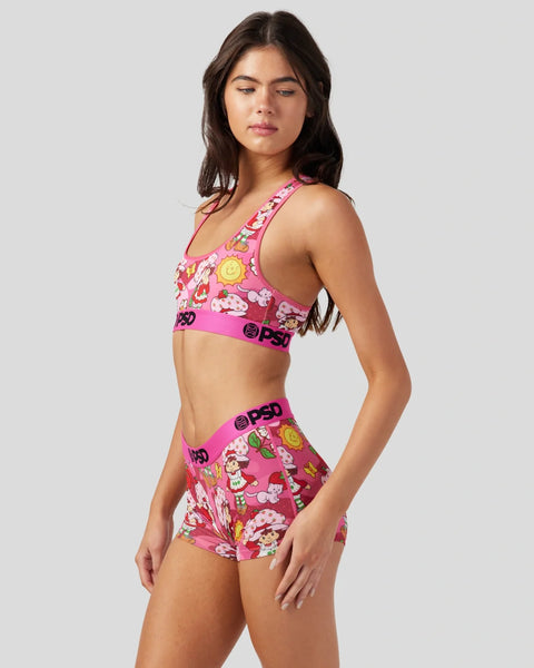 Two-piece set with pink and magenta racer back sports bra and matching shorts featuring strawberry and floral print with PSD 