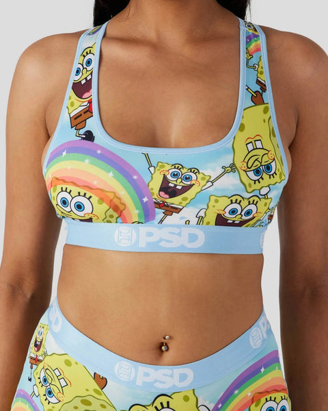 Light blue sports bra with SpongeBob SquarePants characters, rainbows, and 