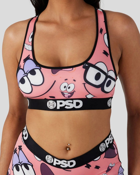 Pink sports bra and briefs set featuring Patrick Star character faces with black trim and PSD branding.