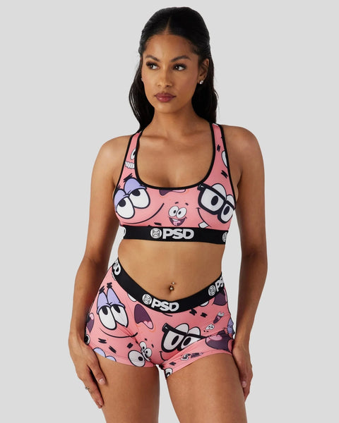 Pink sports bra and shorts set with Patrick Star face print and black PSD waistbands.