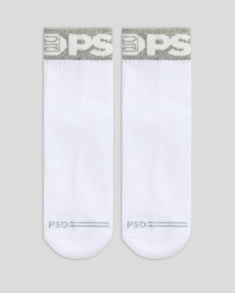 Two white quarter socks with grey ribbed cuffs and PSD branding displayed flat.