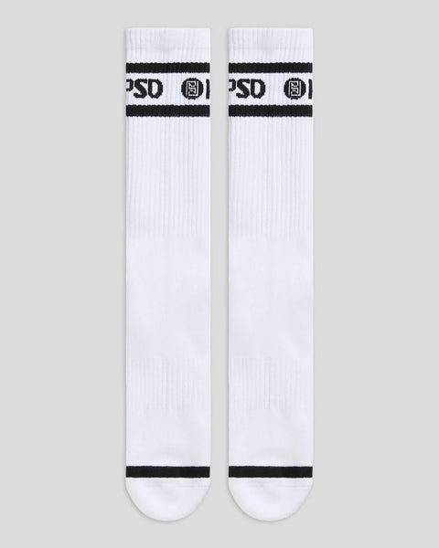 Two white crew socks with black logo stripes and text across the calf.
