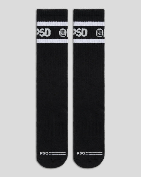 Black crew socks with white stripes and logo graphics on the calf and heel.