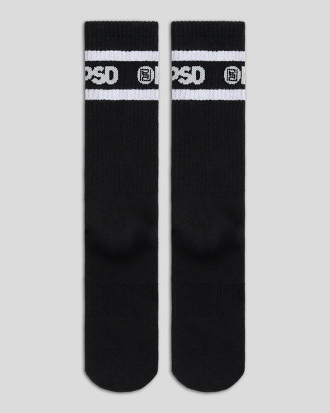 Two black crew socks with white stripe bands and logo details displayed flat against a neutral background.